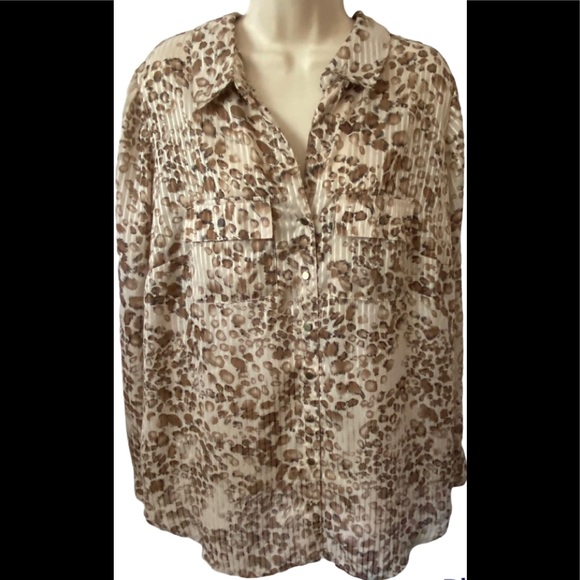 Roz Ali 1X Button Down Blouse Beige Brown Animal Print Long Sleeve Collared - Picture 1 of 12